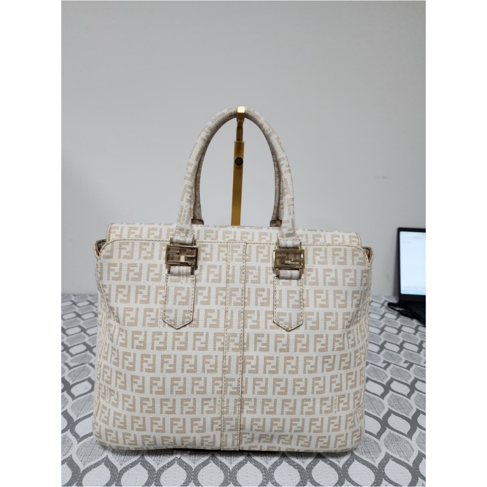 Fendi Zucchino Coated Canvas FF Handle Tote Bag Beige - Picture 3 of 15
